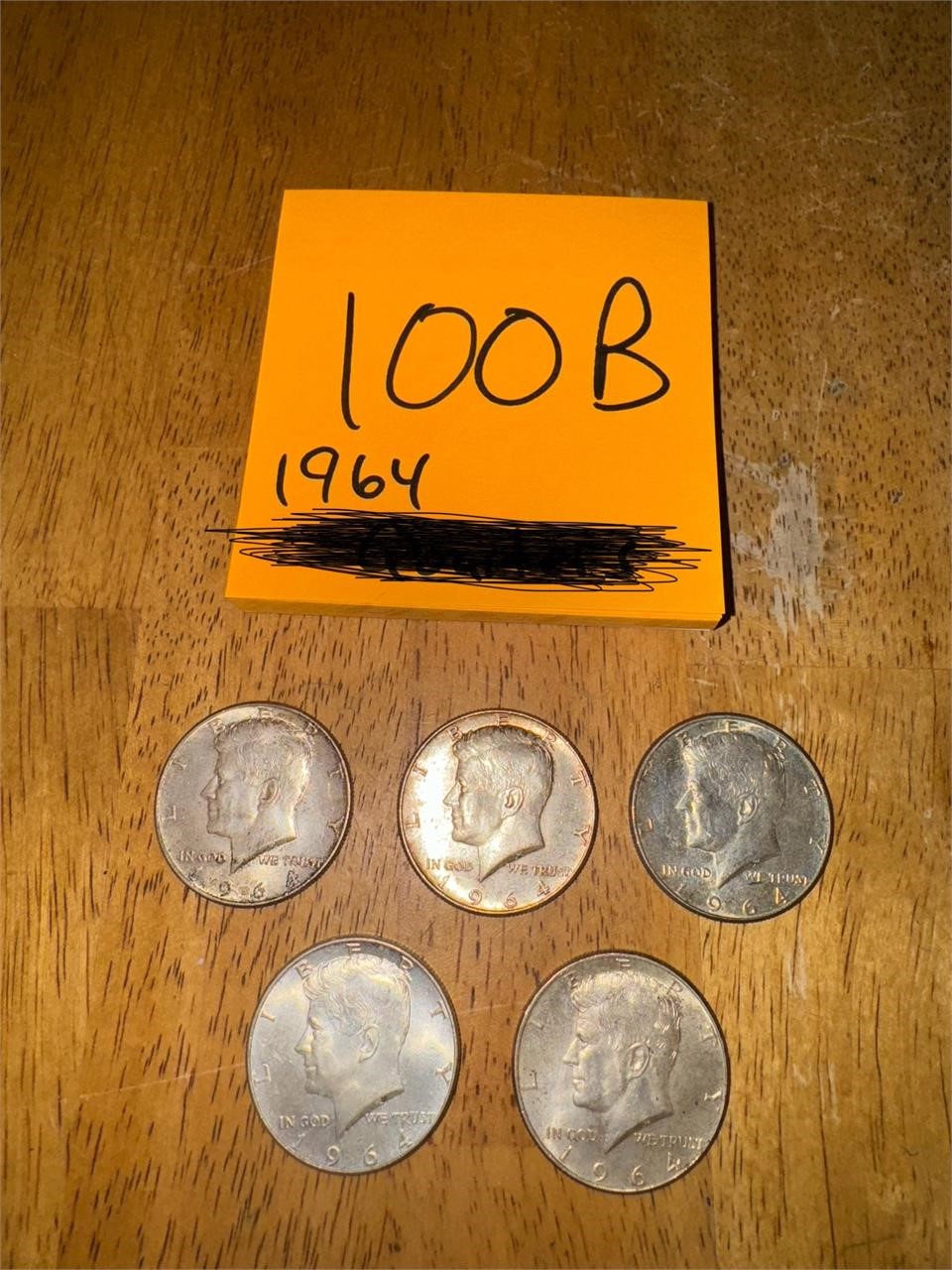 5 1964 silver Half Dollars