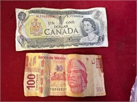 CANADIAN DOLLAR & 100 MEXICAN PESO BILLS