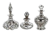 THREE AMERICAN SILVER OVERLAY GLASS SCENT BOTTLES
