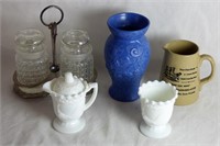 Glass & Pottery Lot- Milk Glass, Red Wing Vase
