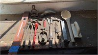 Antique tools and can pour spout, hand scoop and