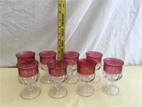Set 8 Cranberry & Clear Thumbprint Stem Goblets