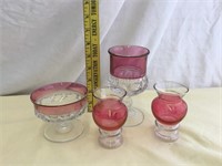 4 pieces Cranberry & Clear Glassware