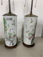 Pair Japanese Hand Painted, Porcelain Lamps 27"