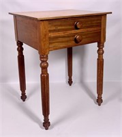 2 drawer end table, mahogany, cog reeded legs,