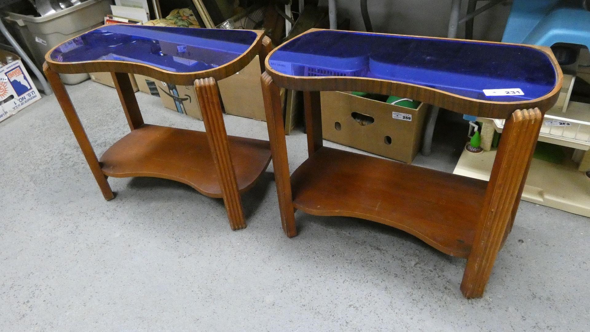 Pair of Art Deco Blue Glass Top End Tables