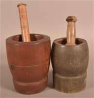 Two Turned and Painted Wood Mortar and Pestles.