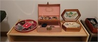 3 vintage jewelry boxes and tray with assorted