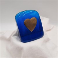 Vintage Blue Glass & Brass Heart Paperweight