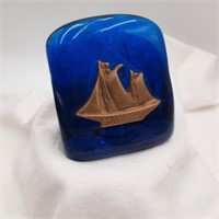 Sweden Blue Art Glass & Brass Sailboat Paperweight