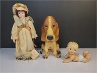3x Vintage figurines basset hound baby porcelain