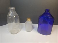 3x Vintage glass bottles Dixie milk bottle, blue