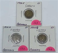 (3) Old German 5 Pfennig Coins 1910-A, 1924-G, &