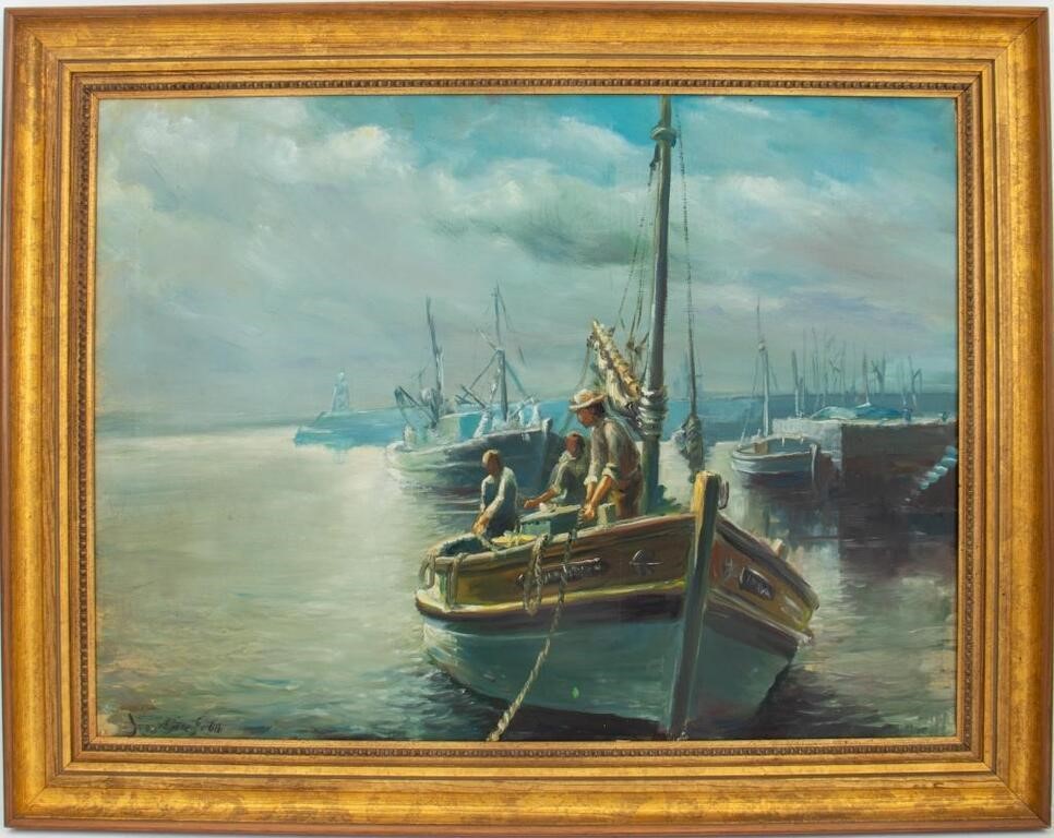 Illegibly Signed Fishing Boats Oil on Canvas