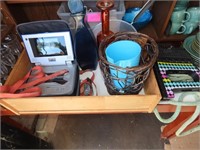 Wood tray, basket, glass bottle, travel DVD
