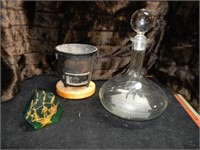 CAST IRON MINI STOVE, BLOWN GLASS CARAFE W/ETCHED