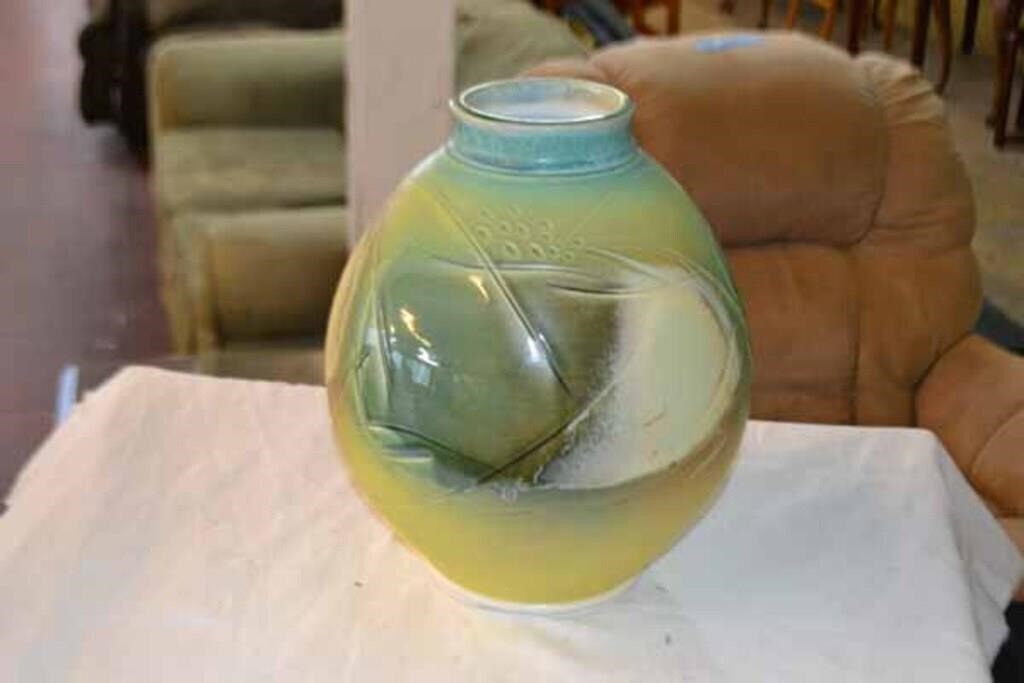Oil Glazed Celadon Vase Signed MV