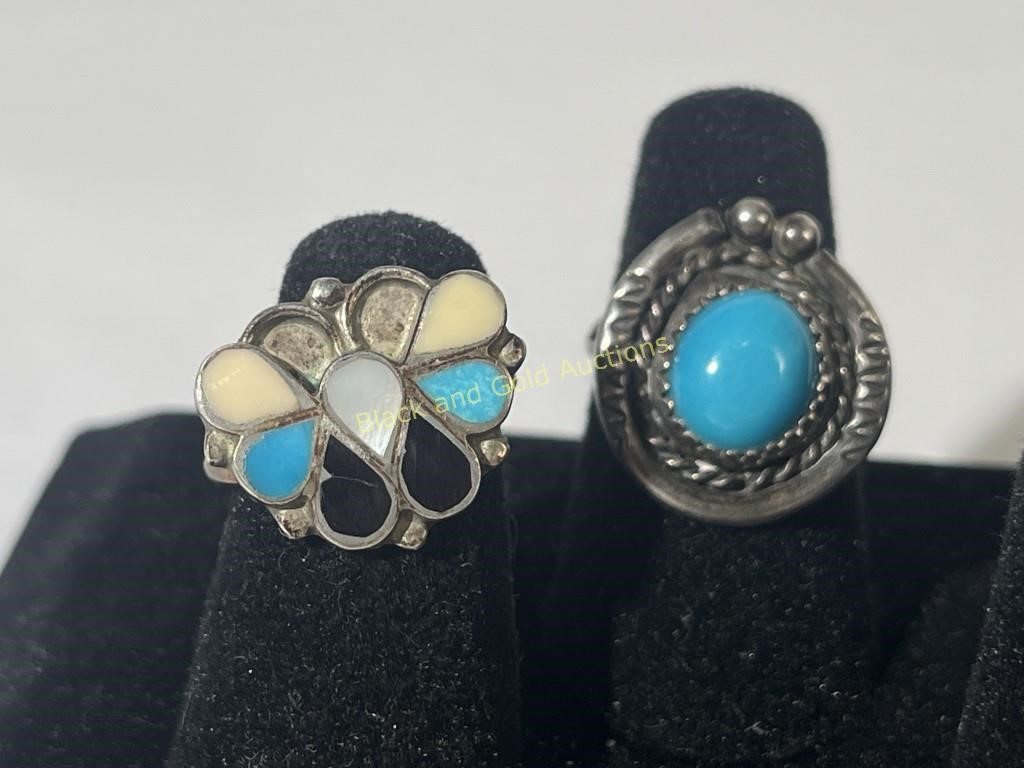 (2) Unmarked Sterling Silver & Turquoise Rings