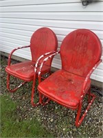Pair of red vintage, all metal lawn chairs