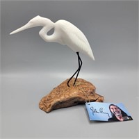 John Perry Egret Sculpture on Burl