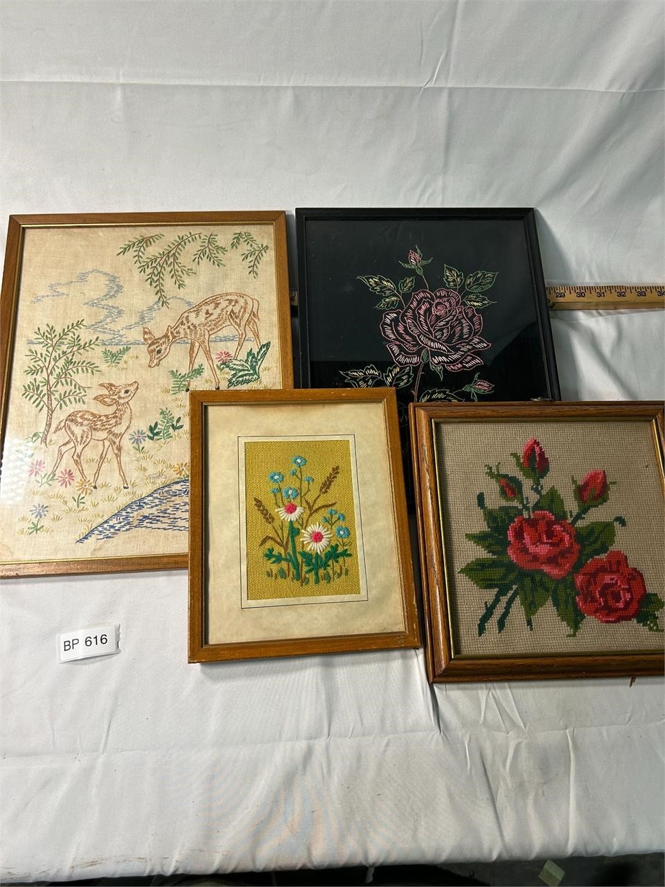 Lot of 4 VTG Needlepoint Cross Stitch Art