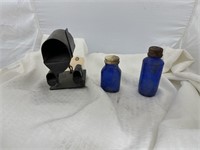 Decorative Mailbox & 2 Blue Glass Bottles
