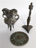 Antique Chinese Wine Cup, Mirror, & Dagger