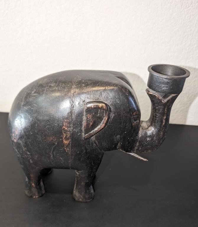 Vintage Carved Wood Elephant Tea Light Holder