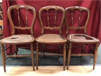 3 dining chairs with woven seats, damage to seats