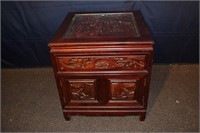 Asian carved camphor wood side table, glass top, s