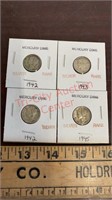 4 Mercury Dimes 1942 to 1945 Rare Silver
