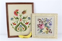 2 Vtg. Framed Floral Embroidery and Needlepoint