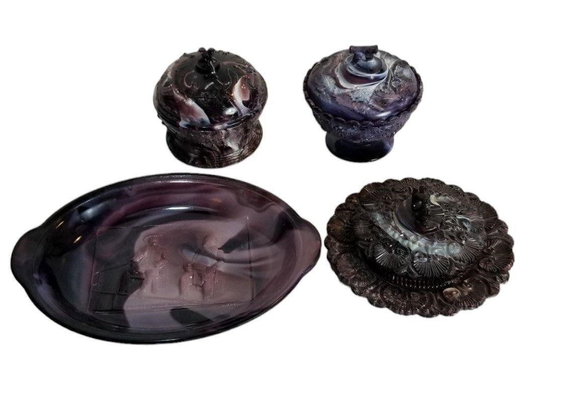 Antique Purple Slag Glass Covered Bowls Etc