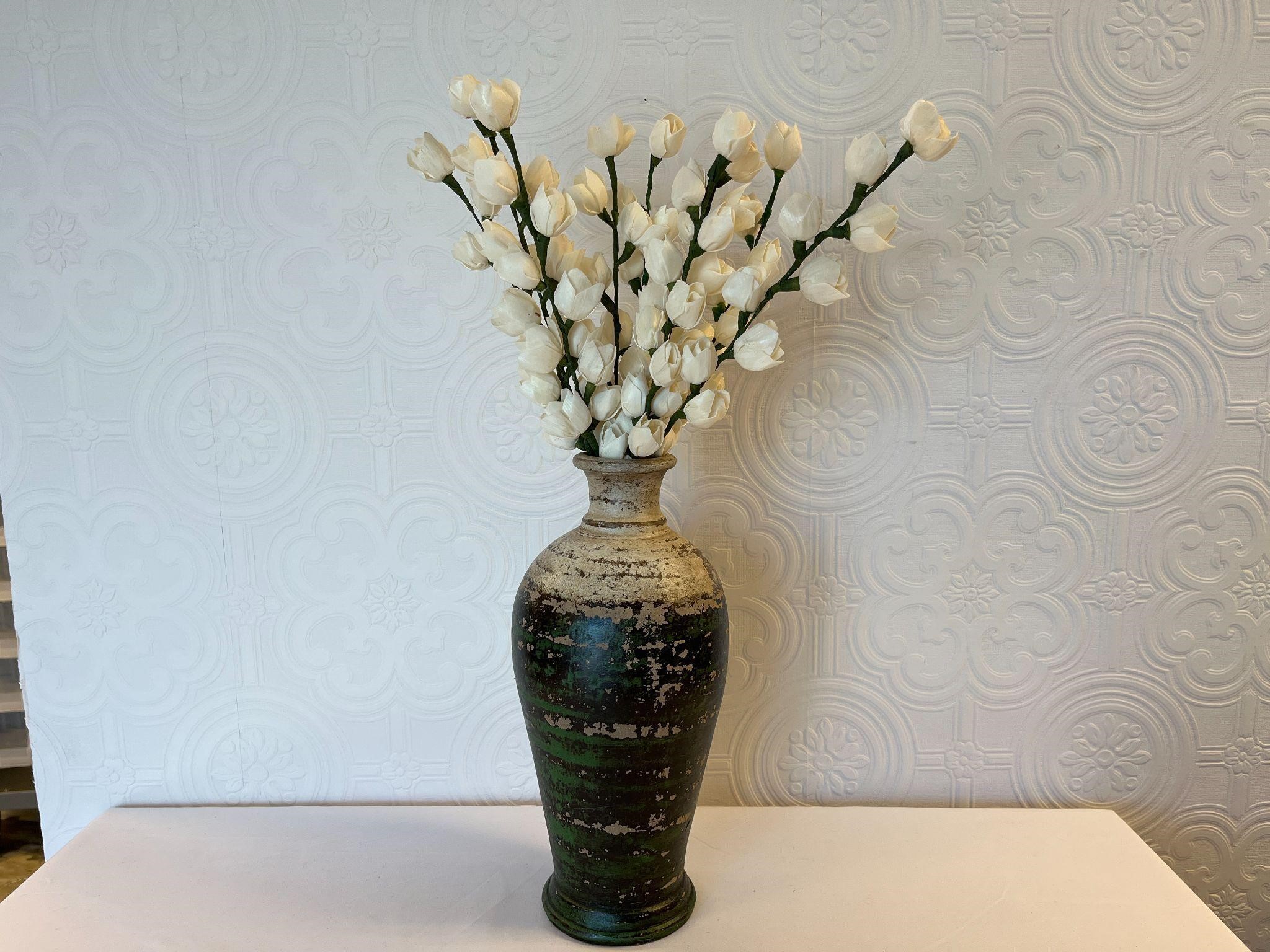 Distressed Finish Green/Beige Vase w/Baby Roses