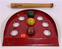Skittle ball game, metal score board, wooden
