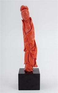 Chinese Carved Red Coral Guan Yin Sculpture