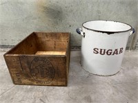 Vintage Wooden Cheese Box & Enamel Sugar