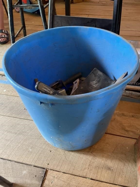 blue tub of misc electric outlets, paint sprayer
