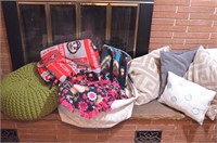 Lot of Pillows, Blankets, Foot Poof, Cloth Bin