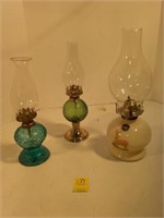3 Kerosene Lamps, Green, Blue & Milkglass