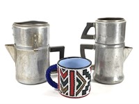 2 vtg Aluminum Camp Coffee Pots & Beaded Cup
