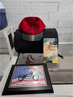 Harley-Davidson hat, plaque, VHS, key chain, unlab