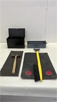 Storage bin, scraper & hammer.