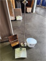 Stool, Scale, Garbage Can and Lamp