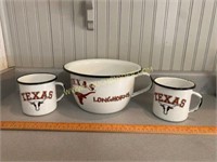 Enamel Texas Longhorn Coffee Cups and Bowl