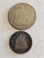 1877 SEATED US SILVER QUARTER & 1878 SEATED HALF