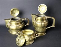 Three Fine Brass Kettles and Bowl