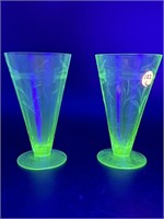2 ETCHED URANIUM GLASS TUMBLERS