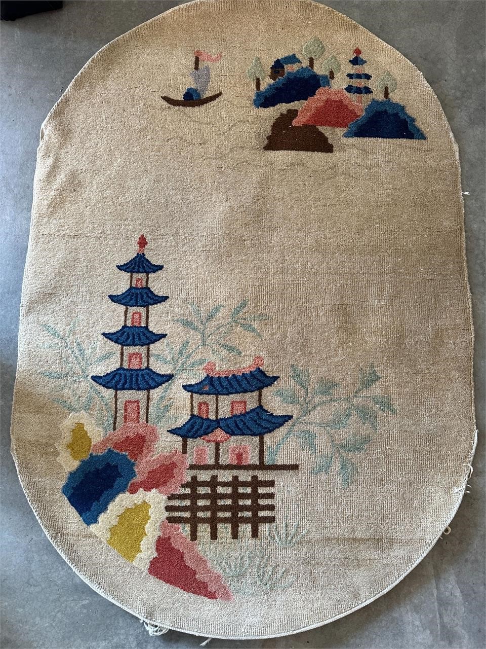 Vtg. Chinese Wool Rug w Pagoda Design