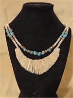 TWO STRAND SILVER TONE AND TURQUOISE?? NECKLACE